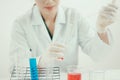 Young Asian scientist working in the lavatory with test tubes and other equipment Royalty Free Stock Photo