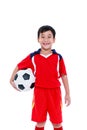 Young asian soccer player with soccer smiling and holding soccer Royalty Free Stock Photo