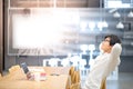 Young Asian student man relaxing in library Royalty Free Stock Photo