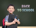 Young Asian student smiling in front of chalkboard Royalty Free Stock Photo