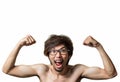 Young asian thin crazy naked man show his muscle isolate on white background, With clipping path Royalty Free Stock Photo