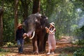 A young Asian tourist photographs an elephant in the forest of Surin, Thailand