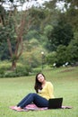 Young asian university student sitting in park Royalty Free Stock Photo