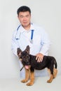 Asian vet in a white coat with a stethoscope on his neck examines a German shepherd puppy on a table in a veterinary clinic. Royalty Free Stock Photo