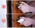 Young Asian woman adult opening door with clean tissue on the knob handle instead of hand, concept of antibacterial, virus