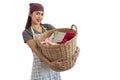 Young Asian woman carrying laundry cloth basket isolated on white background Royalty Free Stock Photo