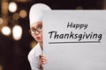 Young asian woman chef with Happy Thanksgiving message Royalty Free Stock Photo