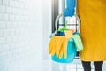 Young asian woman cleaning house Sweeping the floor with a mop House keeping concept Royalty Free Stock Photo