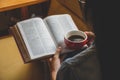 Woman read book and drink coffee at home. Royalty Free Stock Photo