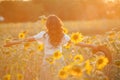 Young Asian woman with curly hair in a field of sunflowers at sunset. Portrait of a young beautiful asian woman in the sun Royalty Free Stock Photo