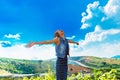 Young Asian Woman Happy Smiley and Feeling Freshness Good Emotion with Blue Sky Background Royalty Free Stock Photo