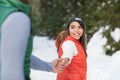 Young Asian Woman Hold Man Hand Romantic Couple Snow Forest Outdoor Winter Walk Royalty Free Stock Photo