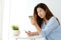 Young asian woman holding credit card and using smart phone for shopping online, business and technology concept, online payment, Royalty Free Stock Photo