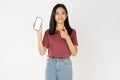 Young Asian woman holding smartphone with blank screen for advertise on white background