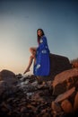 Young asian woman in long blue dress Royalty Free Stock Photo