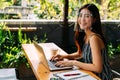 Young 20s Asian woman looking at camera while wearing a protective mask with laptop, mobile phone, and notebook for Royalty Free Stock Photo