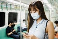 Young Asian woman passenger wearing surgical mask and using mobile phone in subway train