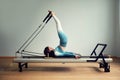 Young asian woman pilates stretching sport in reformer bed instructor girl in a studio Royalty Free Stock Photo