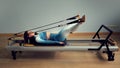 Young asian woman pilates stretching sport in reformer bed instructor girl in a studio Royalty Free Stock Photo