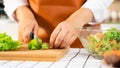 Young Asian woman is preparing healthy food vegetable salad by Cutting ingredients on cutting board on light kitchen, Cooking At Royalty Free Stock Photo