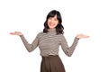 Young asian woman, professional entrepreneur standing in casual clothing, smiling and looking at camera, white background Royalty Free Stock Photo