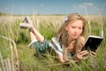 Young asian woman reading book on a nature