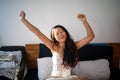 Young Asian woman sleeping in bed in morning time. young pretty lady lies in bed indoors. Royalty Free Stock Photo