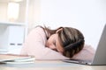 Young asian woman sleeping at her working desk Royalty Free Stock Photo
