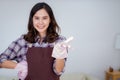 Asian woman cleaning home