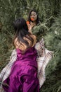 Mirror Reflection Of Young Pretty Asian Woman Holding Red Poppy Flower In Green Field Royalty Free Stock Photo