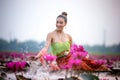 Young Asian women in Traditional dress in the boat and pink lotus flowers in the pond.Beautiful girls in traditional costume.Thai