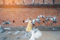 Young asian woman traveler in Yellow dress with hat and bag traveling on Tha Pae Gate, Tourist visit at the old city in Chang Mai Royalty Free Stock Photo