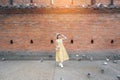 Young asian woman traveler in Yellow dress with hat and bag traveling on Tha Pae Gate, Tourist visit at the old city in Chang Mai Royalty Free Stock Photo