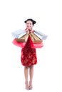 Young asian woman wearing chinese dress traditional cheongsam with Carrying a shopping bag and smile. Royalty Free Stock Photo