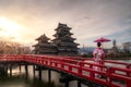 Young asian woman wearing Kimono Japanese tradition dressed sightseeing at Matsumoto Castle during cherry blossom Sakura is one