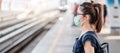 Young Asian woman wearing Surgical face mask against Novel coronavirus or Corona Virus Disease Covid-19 at public train station