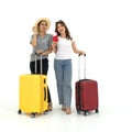 Young asian woman in white t-shirt and middle-aged woman in gray t-shirt stand smiling with luggage, travel passport, airline
