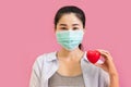 Young asian woman worea gray tank top, Blue shirt and protective masks against and air pollution,make gesture Coughing,