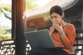 Young asian woman working with her laptop and she feel worried in the park outdoors on vacation time Royalty Free Stock Photo