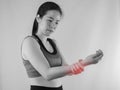 Young Asian woman in workout cloth holding hand and having Wris Royalty Free Stock Photo