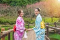 Young asian women dress kimono near lake Royalty Free Stock Photo