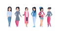 Young Asian Women Icons Set Chinese Or Japanese Female Group Wearing Modern Casual Clothes Full Length Isolated