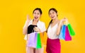 Young asian women in white shirt carrying colorful paper shopping bags posing happy and enjoy isolated over yellow background Royalty Free Stock Photo