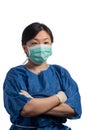Young asiatic physician woman wearing a protection mask with medical gloves arms cross on a white background