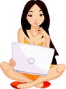 Young Asiatic woman sitting on cushion with laptop