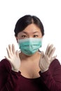 young asiatic woman wearing a protection mask with medical gloves on a white background