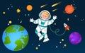 A young astronaut soars in open space against the background of the Earth, planets and stars. Vector illustration