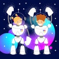 Young astronauts conquer space. boy and girl, children fly in outer space to study the starry sky and planets in the