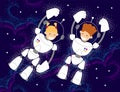 Young astronauts conquer space. children, boy and girl in white spacesuits fly in outer space to study the starry sky in