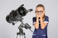 Young astronomer funny glasses made a face